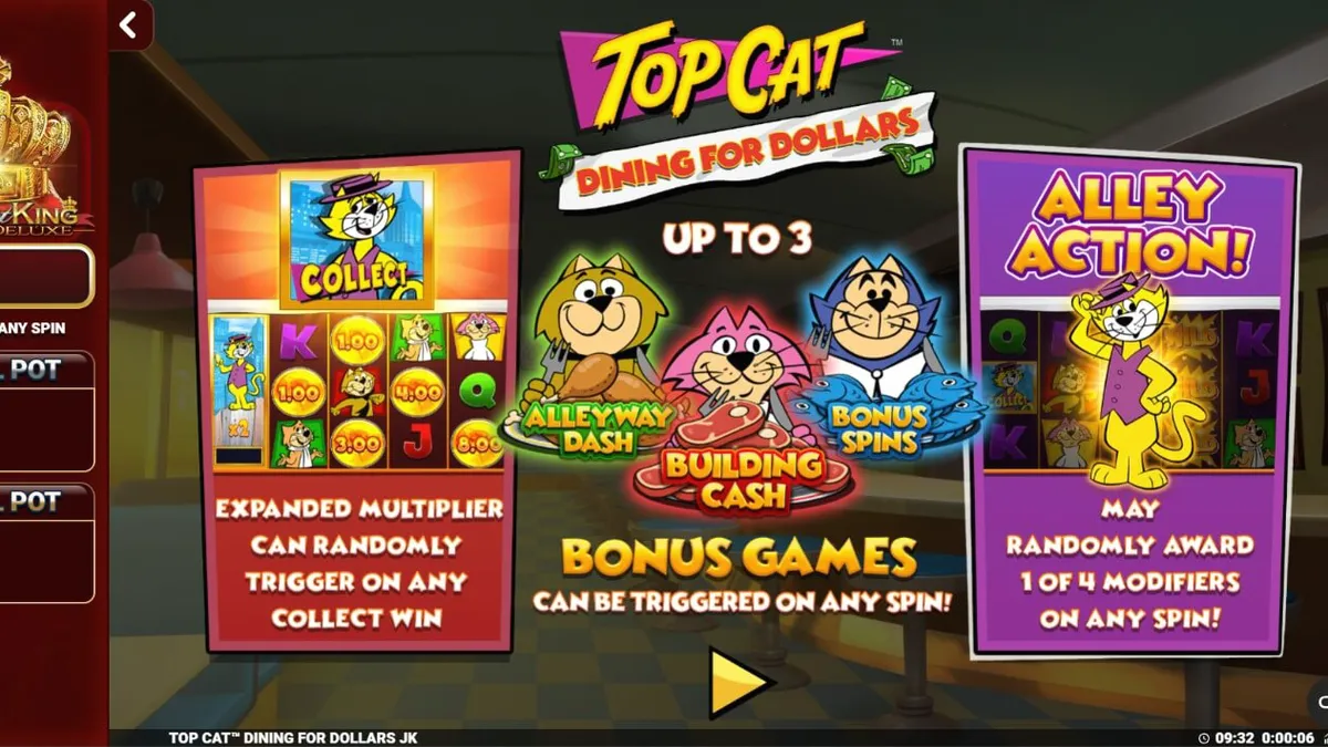 Top Cat Dining For Dollars স্লট গেমের একটি দৃশ্য যেখানে কার্টুন চরিত্ররা ডিনার টেবিলে বসে আছে।